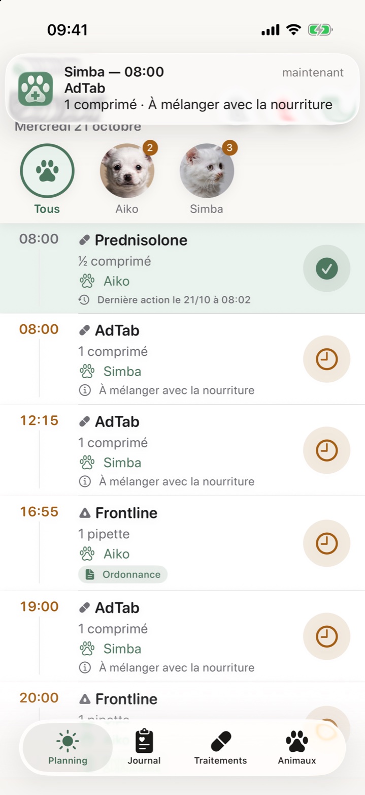 Planning du jour avec une notification de rappel Simba — 08:00 AdTab dans MediPaw