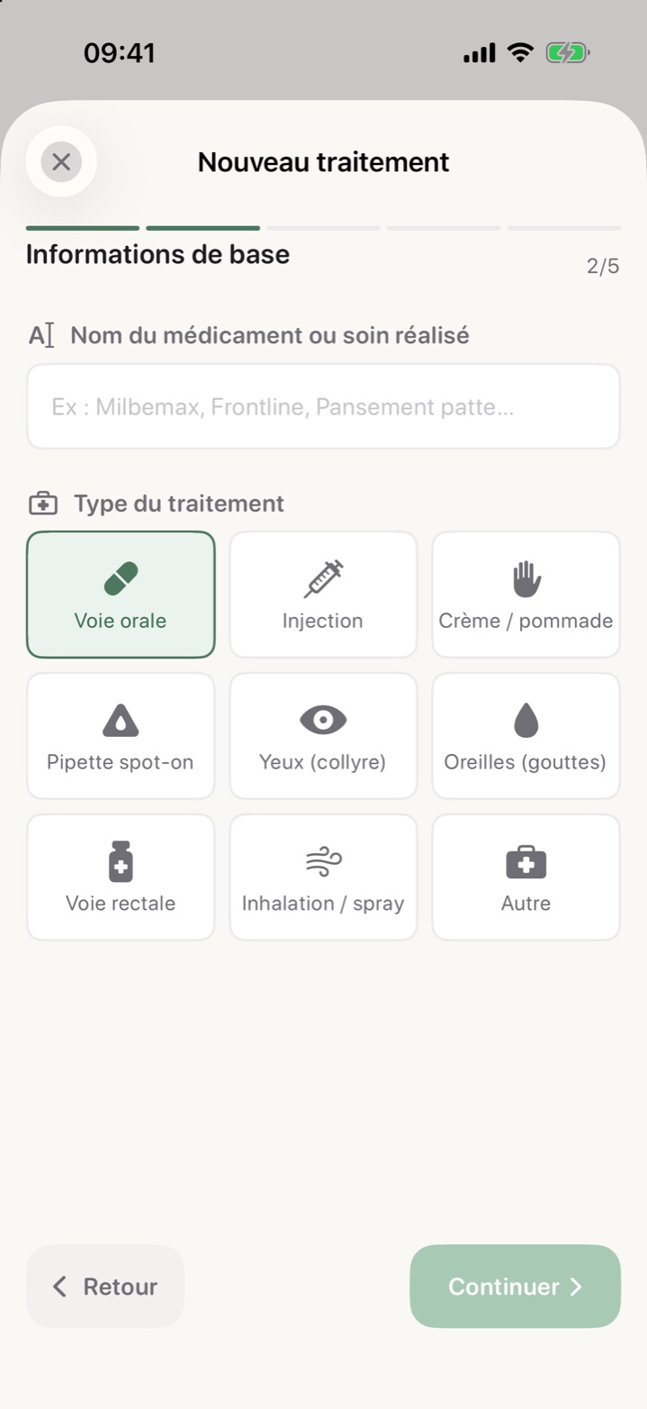 Création d'un traitement dans MediPaw : choix du type, voie orale, injection, pipette ou collyre