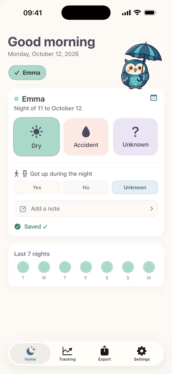 Home screen: log the night in one tap — Dry, Accident or Unknown