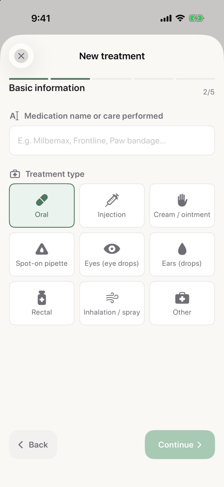 Creating a treatment in MediPaw: choosing oral, injection, spot-on or eye drops