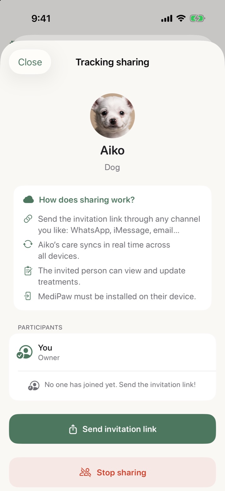 Sharing Aiko's tracking in MediPaw: invitation and participants
