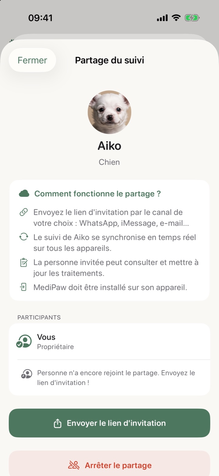 Partage du suivi d'Aiko dans MediPaw : invitation et participants