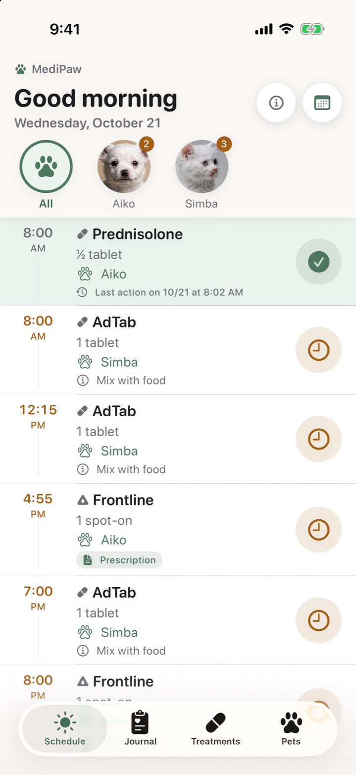 Today's medication schedule for Aiko and Simba in MediPaw