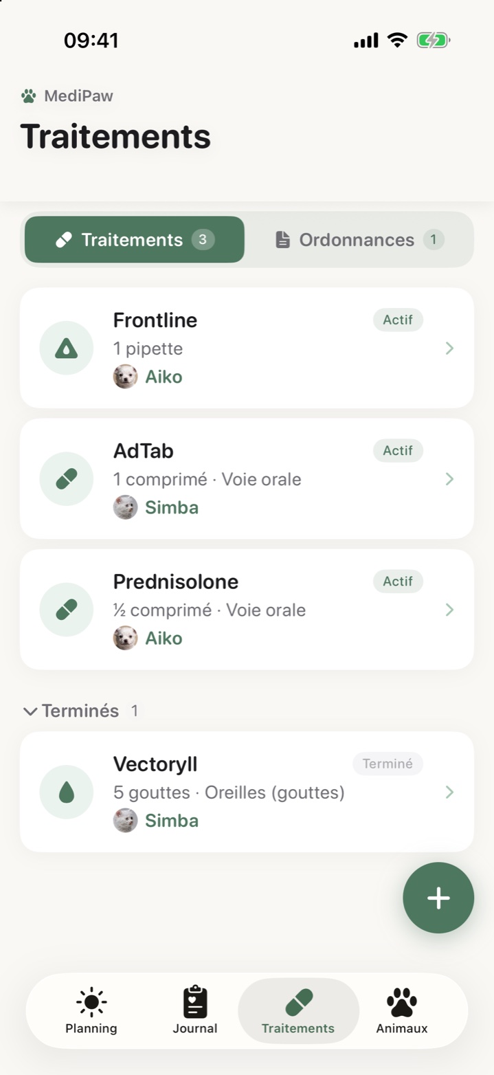 Liste des traitements actifs et terminés et onglet Ordonnances dans MediPaw