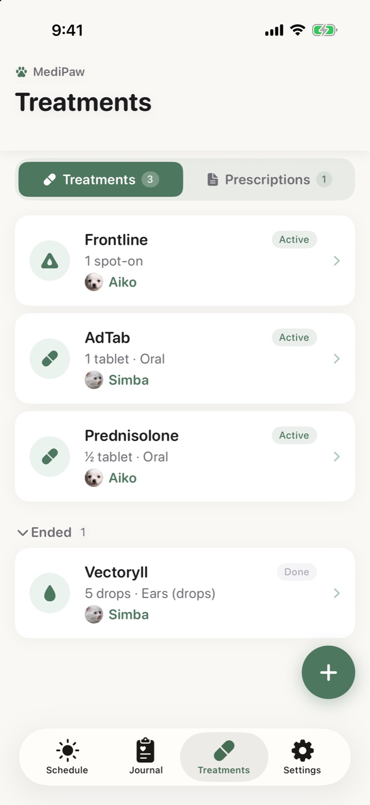Active and completed treatments and the Prescriptions tab in MediPaw