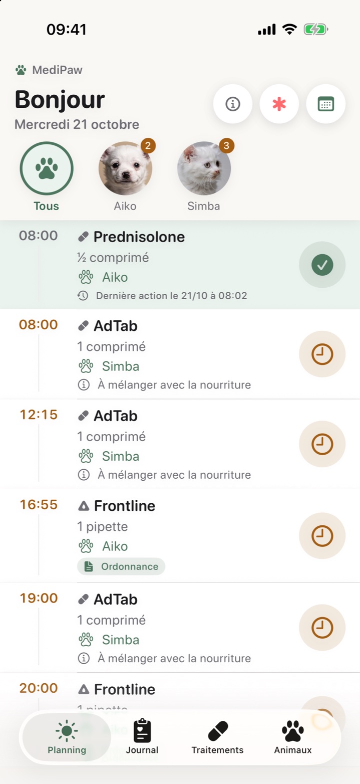 Planning du jour des médicaments de Aiko et Simba dans MediPaw